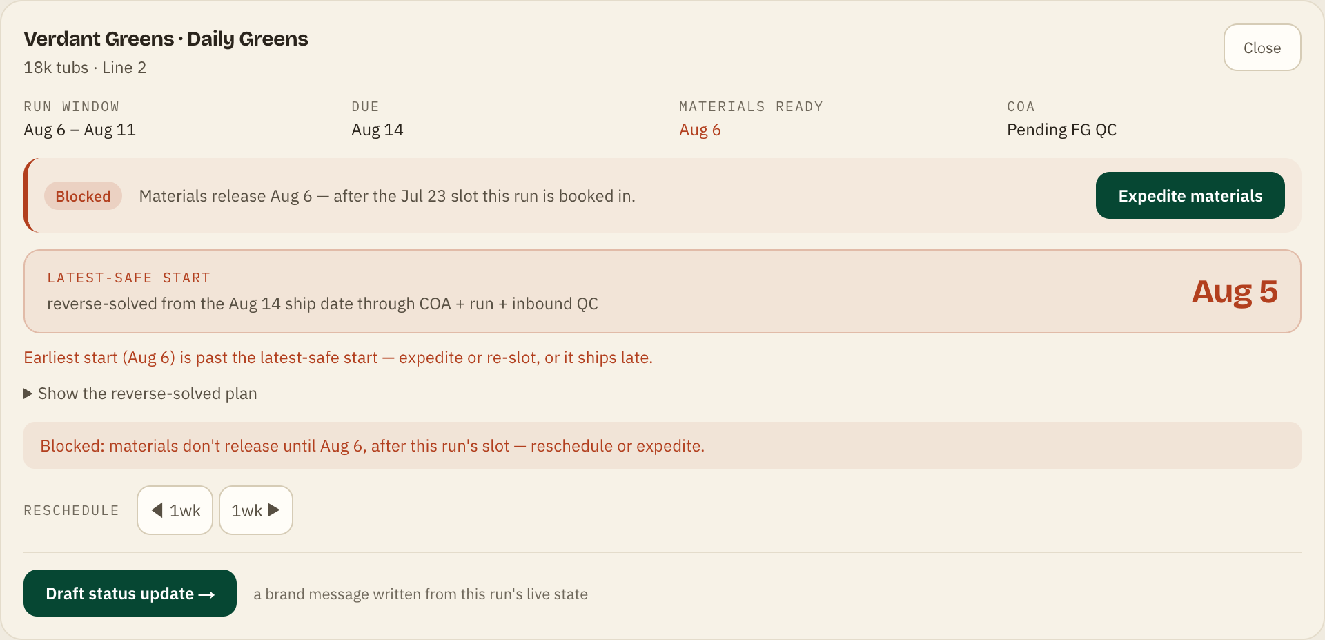 The blocked run opened: why it's blocked, the latest-safe start, expedite staged, a drafted status update